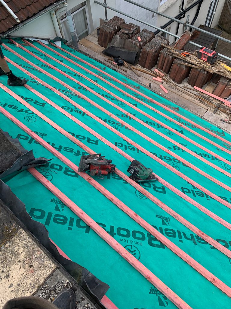 New battening with the Roofshield brand colours, Albion Roofing, Bristol.
