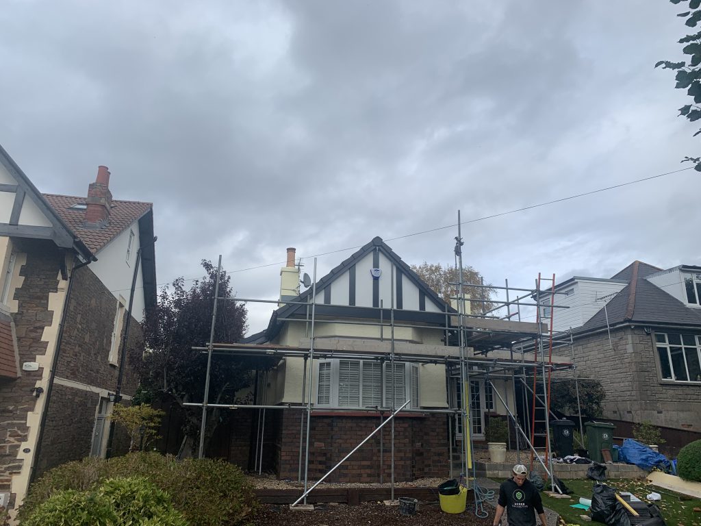 Re-roof in progress with scaffolding, Brislington, Albion Roofing.