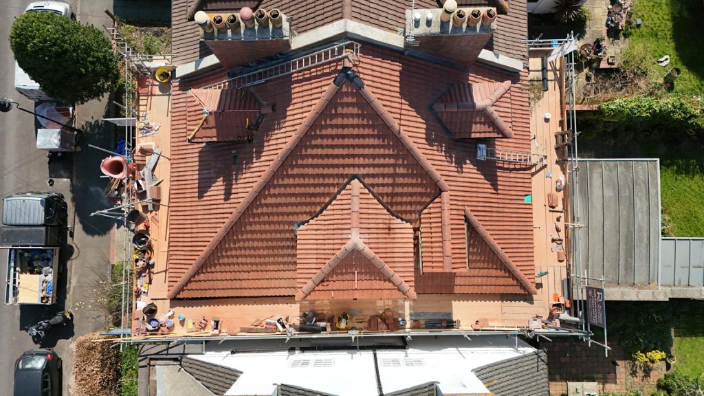 Top-down aerial of tiled roof, Downs Park East, Bristol, Albion Roofing.